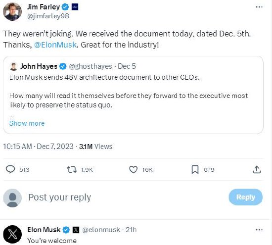 马斯克与竞争对手分享Cybertruck的48V设计，福特CEO表示感谢